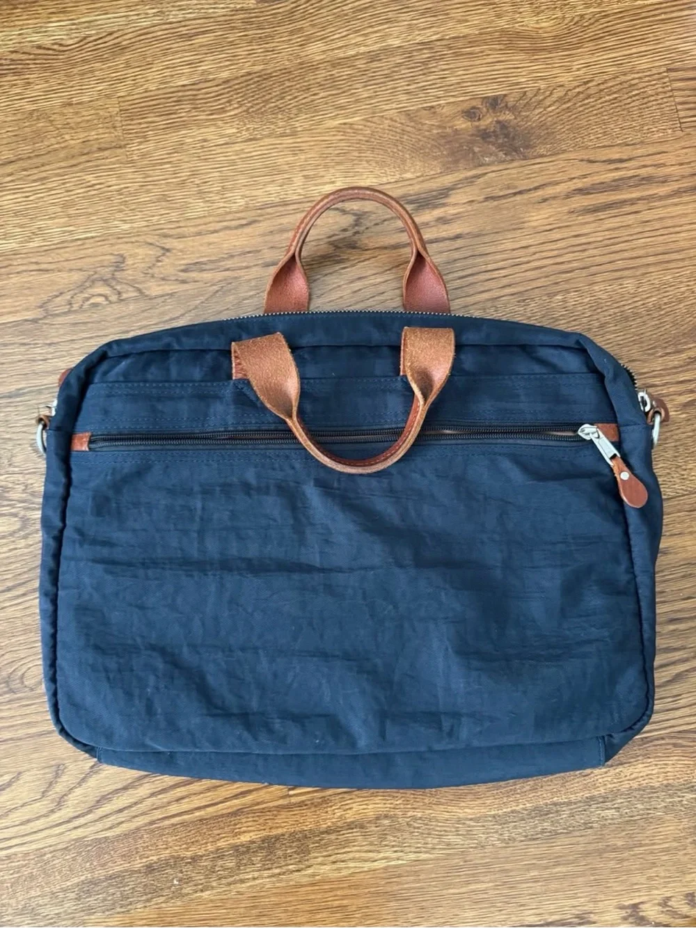 J. Crew Navy Laptop Briefcase with Brown Leather Handles